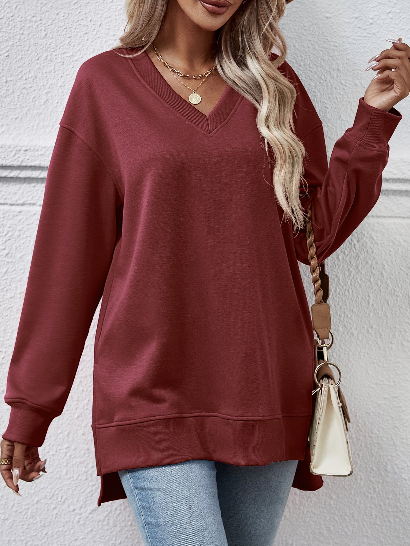 V-Neck High-Low Split Sweater Pullover