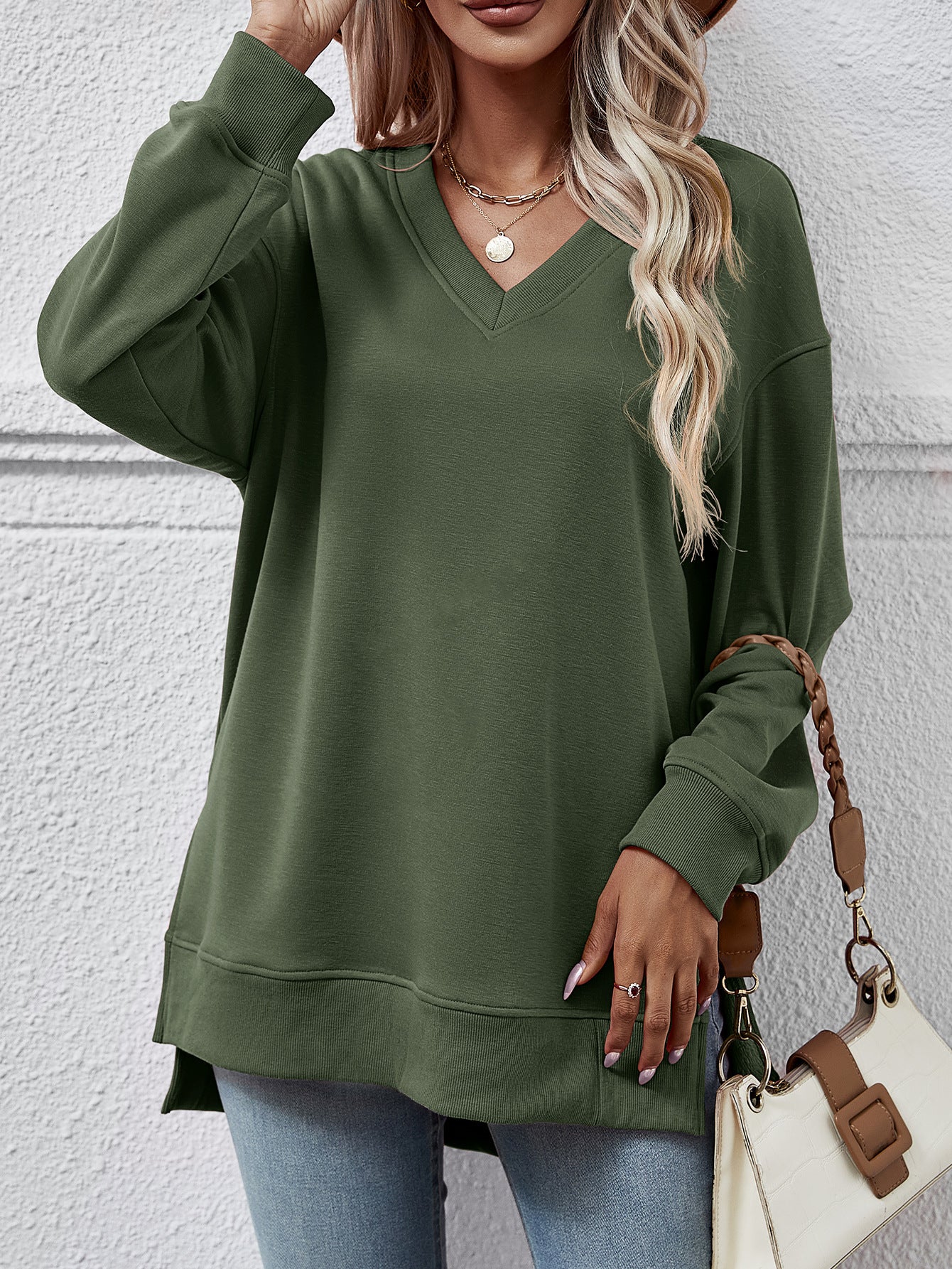 V-Neck High-Low Split Sweater Pullover