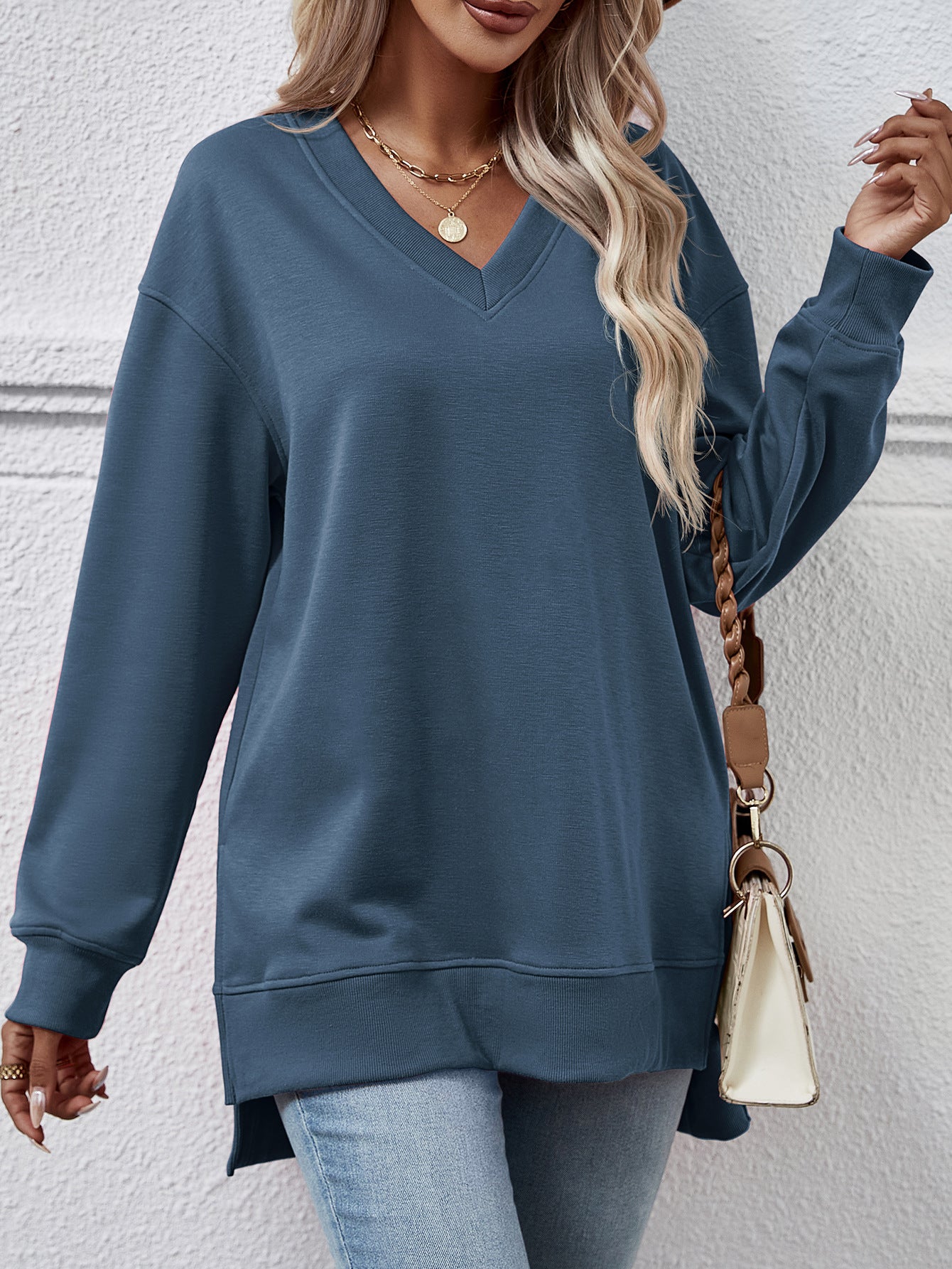 V-Neck High-Low Split Sweater Pullover