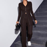 Slim Open Chest Jumpsuit Set - Dark Red, Black, Camel