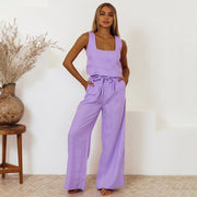 Loose Fit Cotton Linen Vest Sleeveless Trousers Set