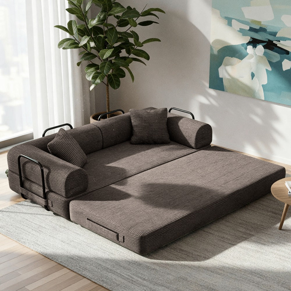 Modular L-shaped chaise longue sofa bed with deep seat and corduroy upholstery