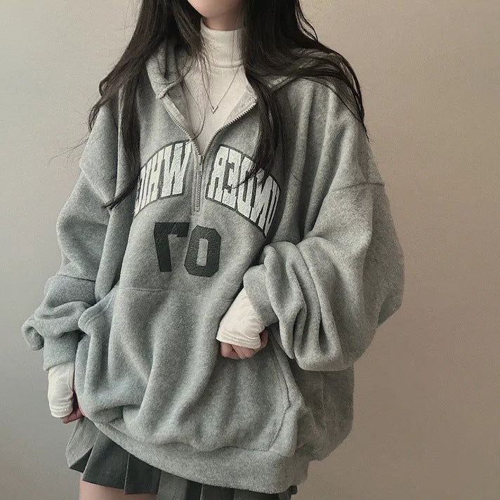 Fleece-Lined Zip-Up Letter Hoodie for Women