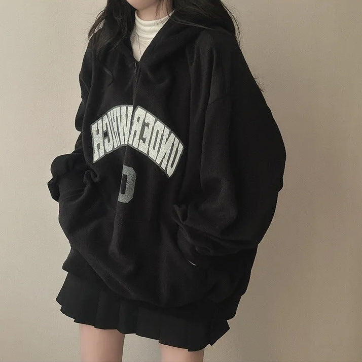 Fleece-Lined Zip-Up Letter Hoodie for Women
