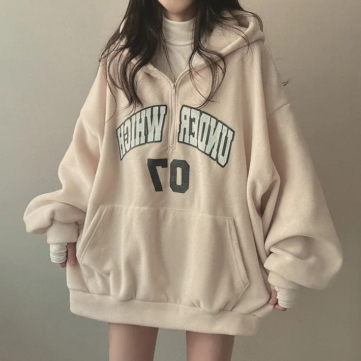 Fleece-Lined Zip-Up Letter Hoodie for Women