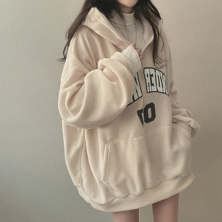 Fleece-Lined Zip-Up Letter Hoodie for Women