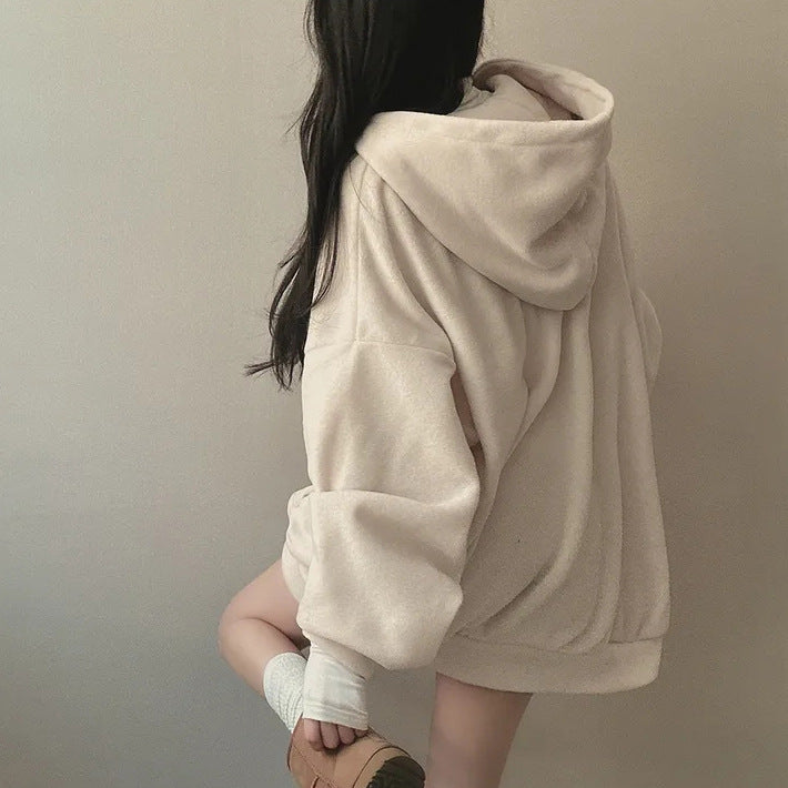 Fleece-Lined Zip-Up Letter Hoodie for Women