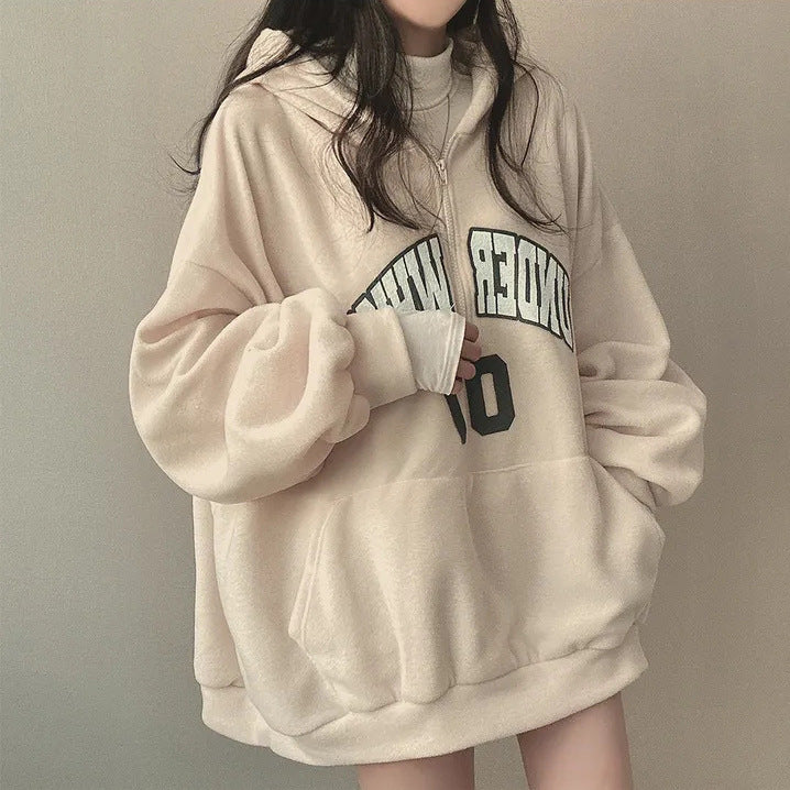 Fleece-Lined Zip-Up Letter Hoodie for Women