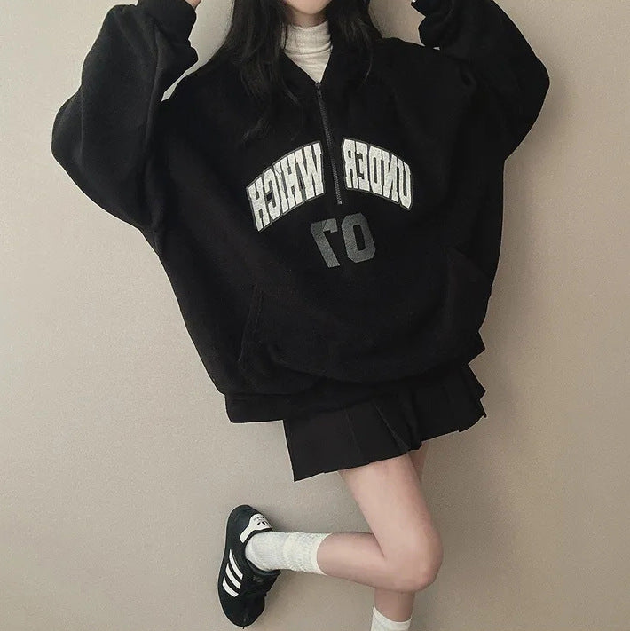Fleece-Lined Zip-Up Letter Hoodie for Women
