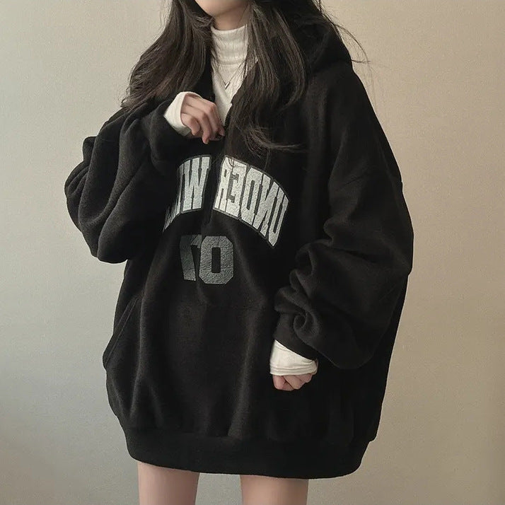 Fleece-Lined Zip-Up Letter Hoodie for Women