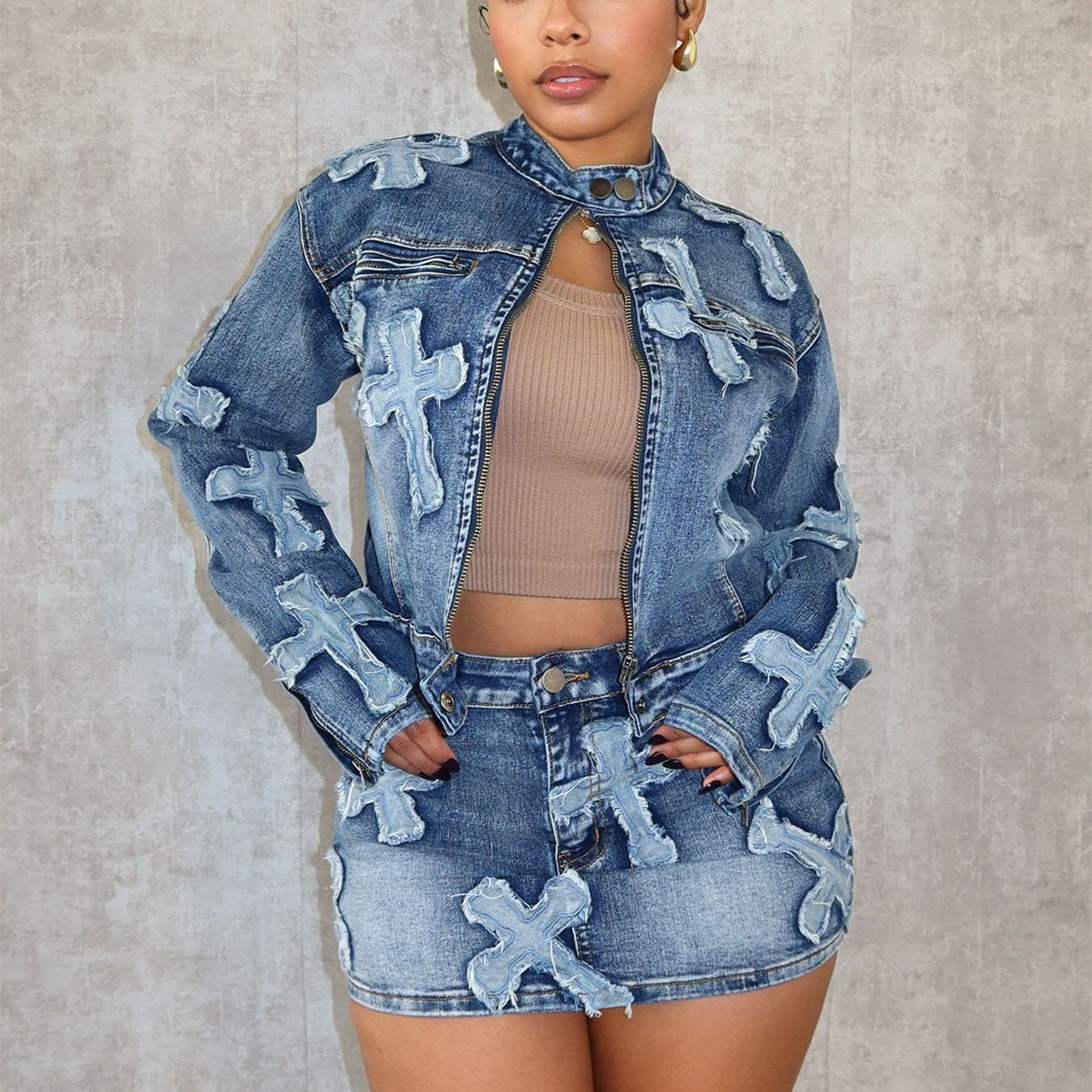 Retro Embroidered Denim Skirt Jacket Set
