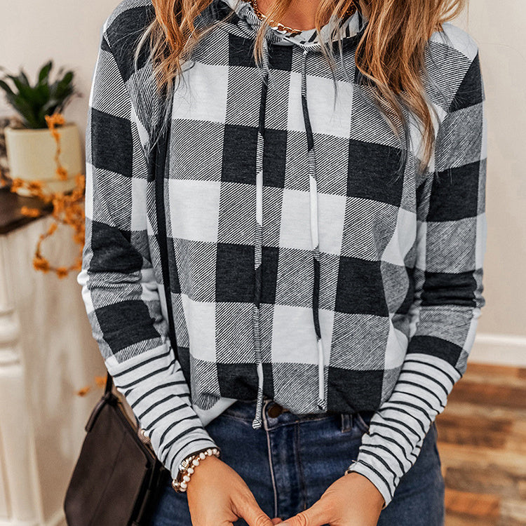 Casual Plaid Patchwork Hoodie for Women