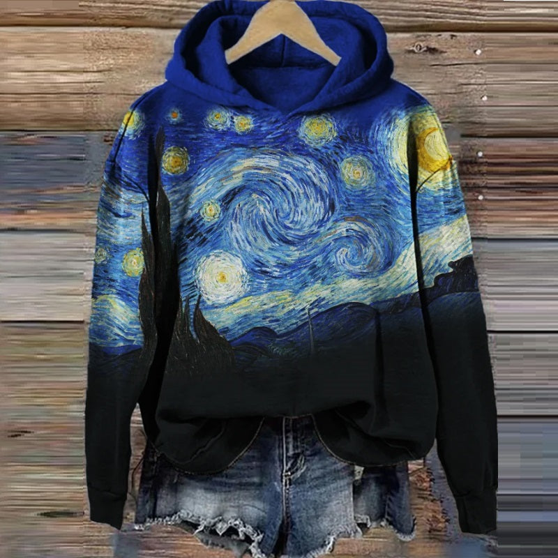 Cartoon Starry Sky Print Hoodie Casual Pullover