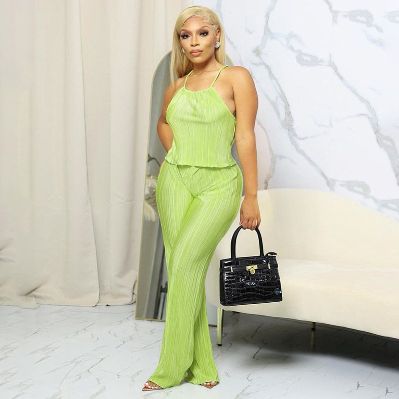 Summer Solid Color Sling Top Wide Leg Trousers Set