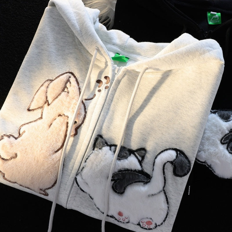 Cute Cartoon Thickened Hooded Cardigan Sweater for Women