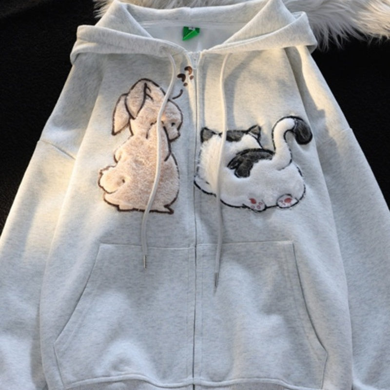 Cute Cartoon Thickened Hooded Cardigan Sweater for Women