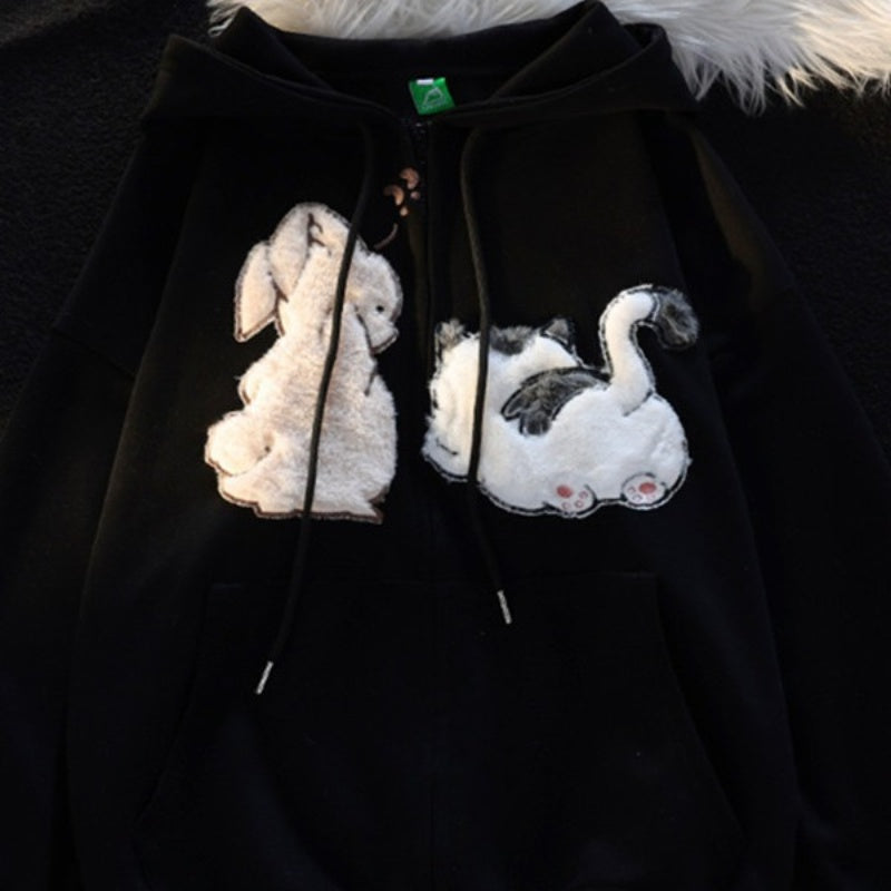 Cute Cartoon Thickened Hooded Cardigan Sweater for Women