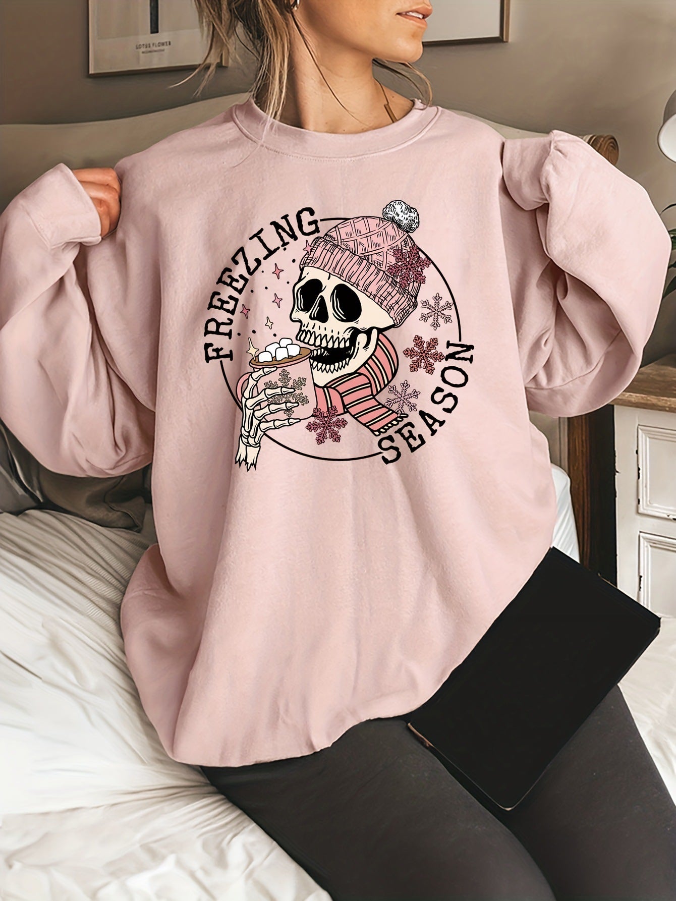 Christmas Skull Snowman Graphic Pullover Sweater