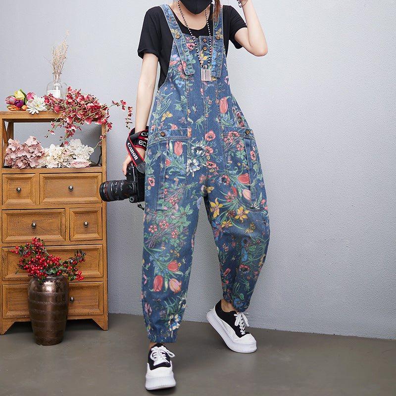 Women's Printed Denim Overalls & Suspender Pants