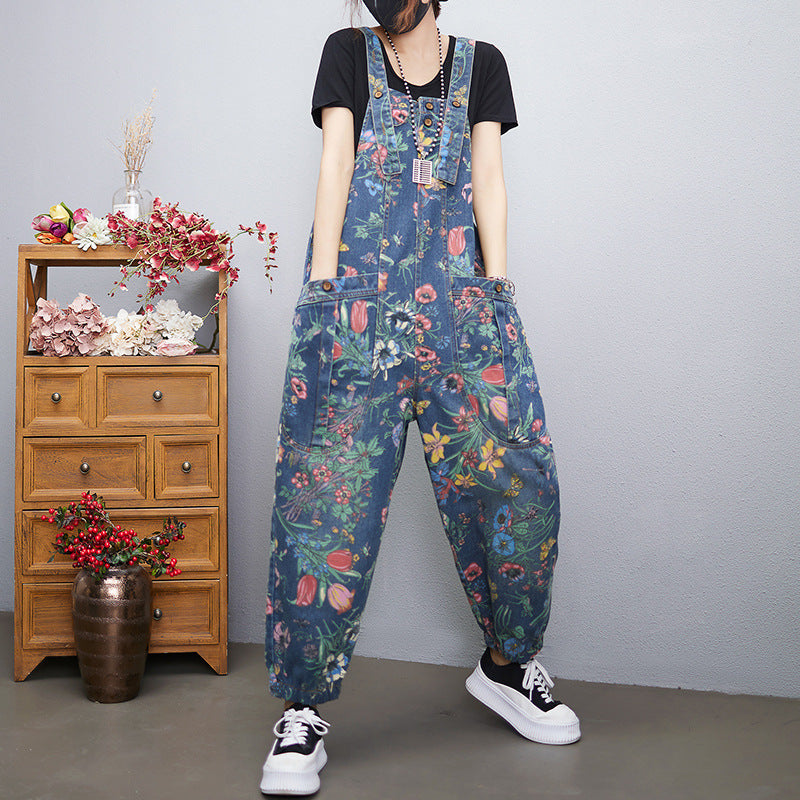 Women's Printed Denim Overalls & Suspender Pants