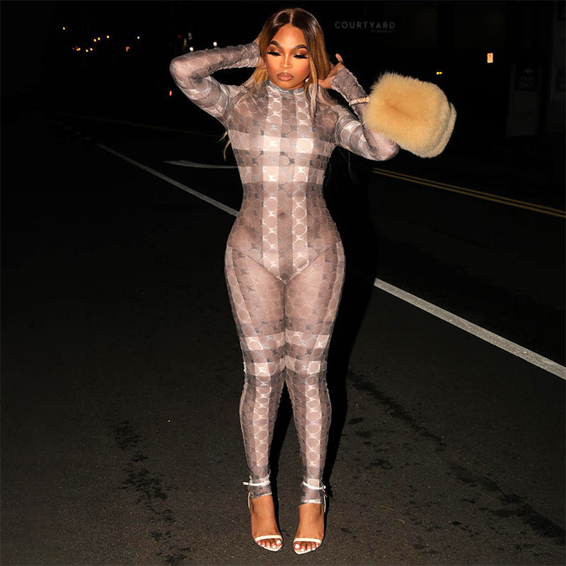 Chic Printed Long Sleeve Tight Jumpsuit