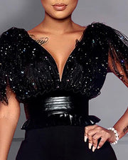Chic V-Neck Mesh Jumpsuit for Women