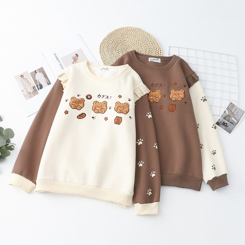 Cute Bear Embroidered Fleece-Lined Thick Pullover Sweater