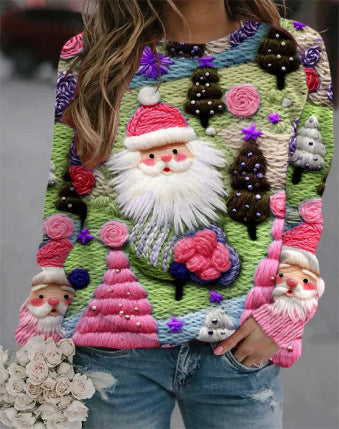 Festive 3D Christmas Print Long Sleeve Pullover Sweatshirt