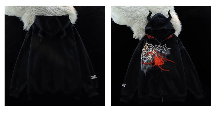 Women's Spider Print Zip-Up Hoodie Jacket
