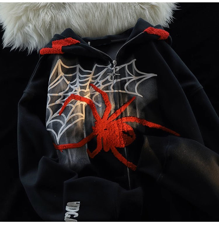 Women's Spider Print Zip-Up Hoodie Jacket