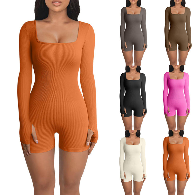 Slim-Fit Square Collar Long Sleeve Casual Jumpsuit