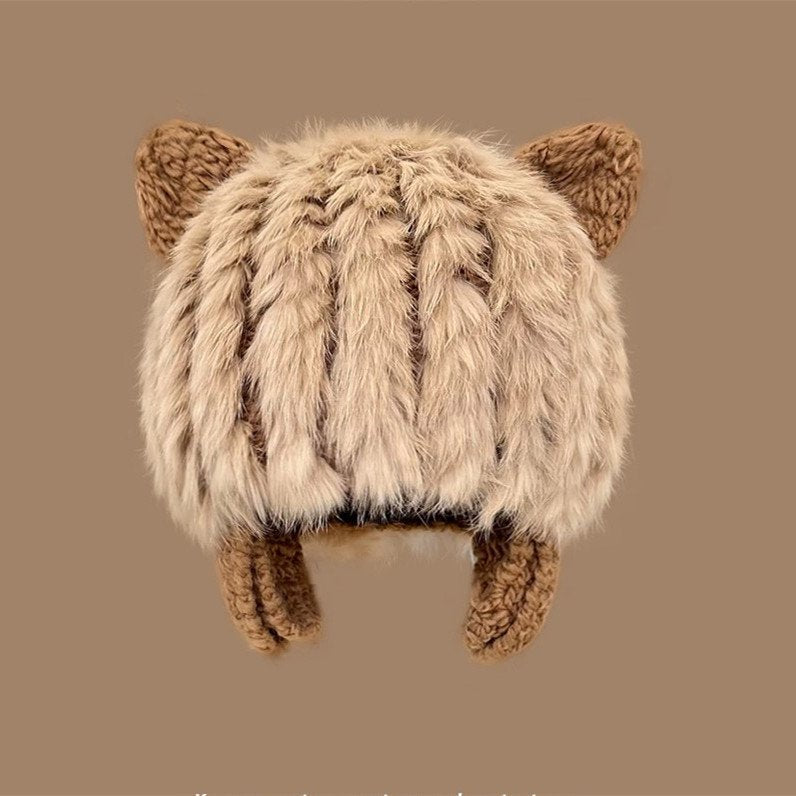 Cozy Cat Ears Rabbit Fur Knit Beanie for Women