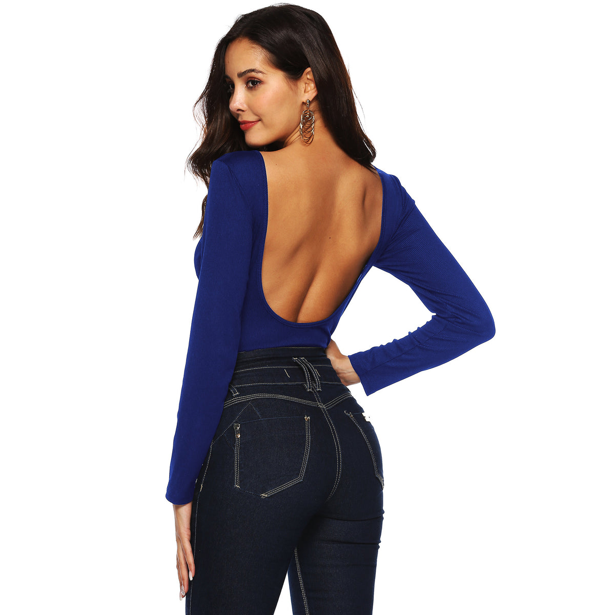Women's Ribbed Long-Sleeve Backless Deep U Jumpsuit