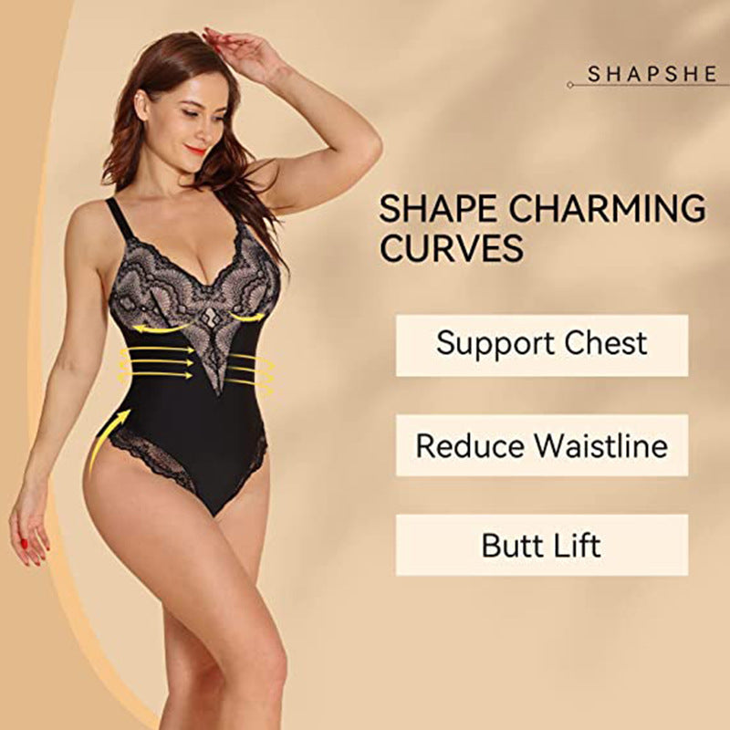 Lace V-Neck Sling Jumpsuit Body Shaper