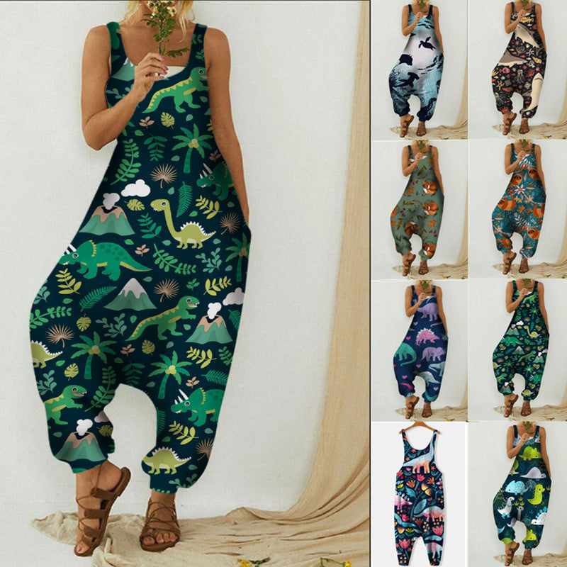 Cute Plus Size Animal Print Casual Beach Romper Overalls