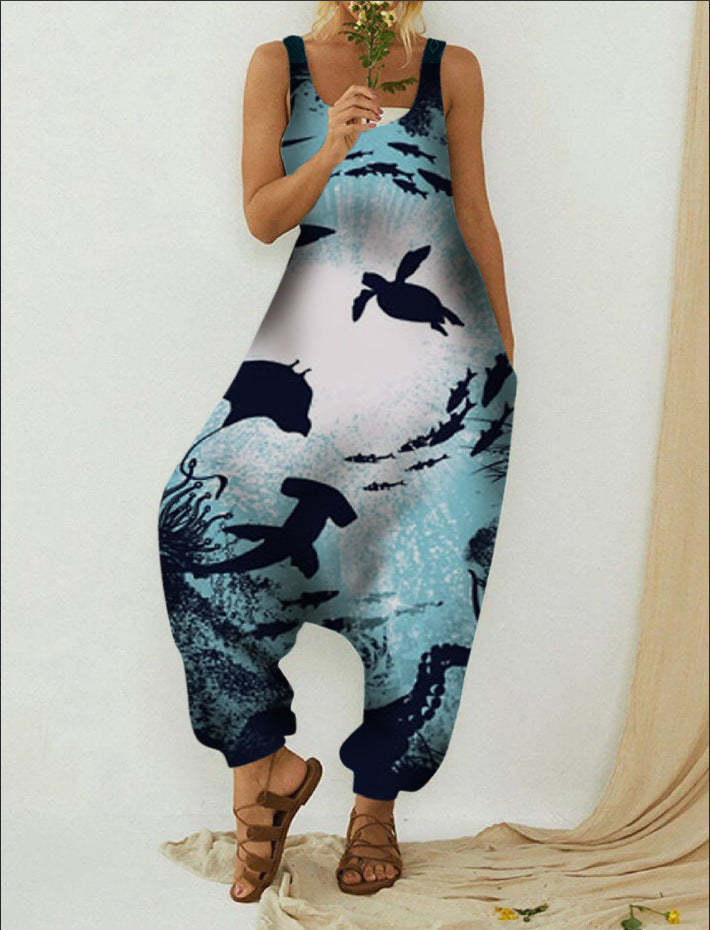 Cute Plus Size Animal Print Casual Beach Romper Overalls