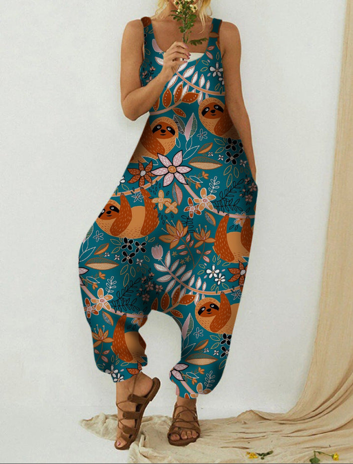 Cute Plus Size Animal Print Casual Beach Romper Overalls