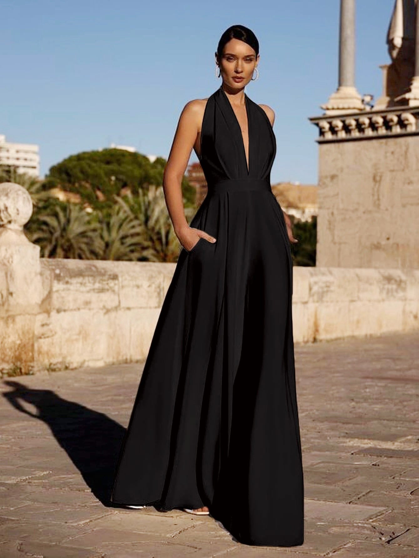 Elegant Halter V-Neck Wide Leg Jumpsuit with Pockets