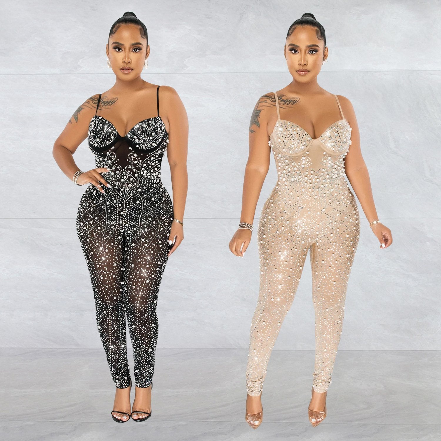 Elegant Mesh Jumpsuit for Women - Black & Apricot Options
