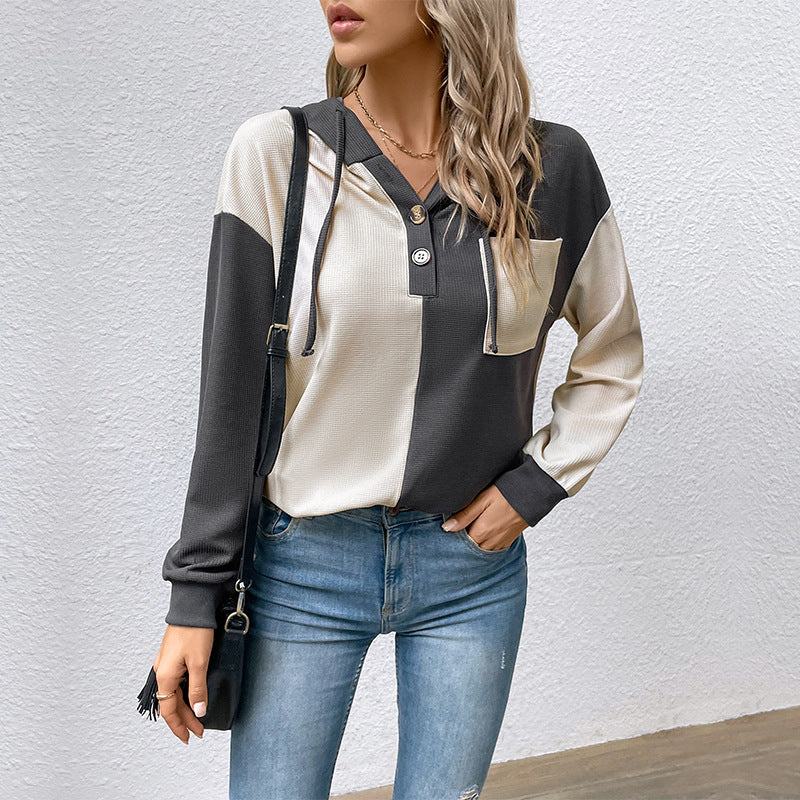 Contrast Color Hooded Casual Women's Spring Sweater