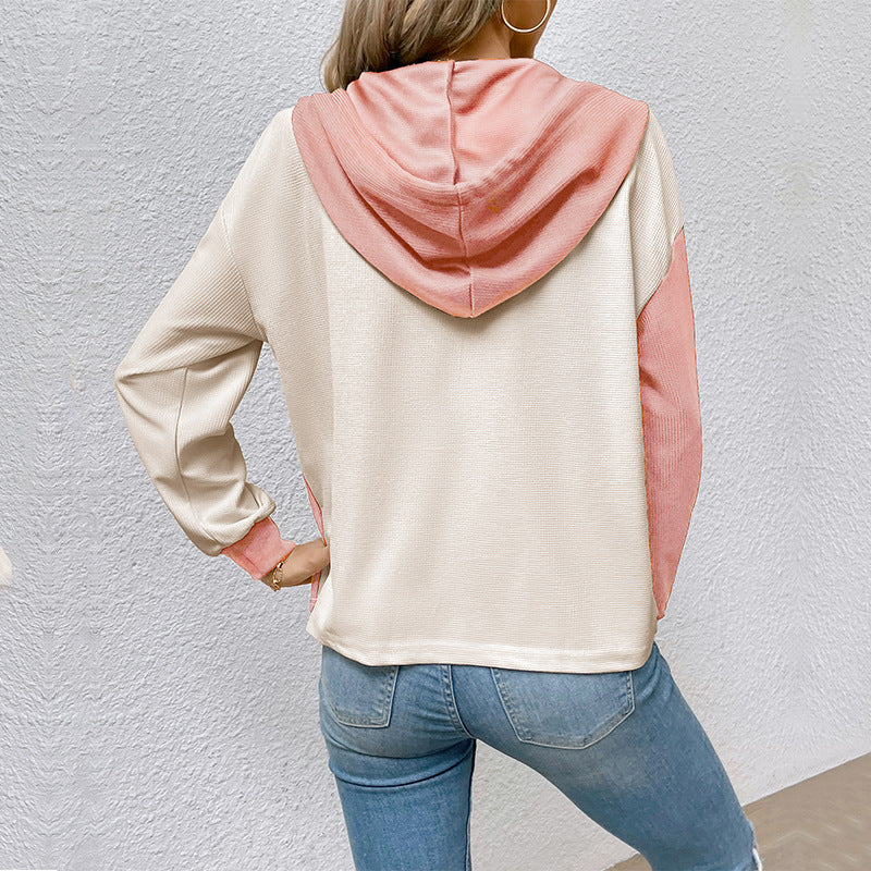 Contrast Color Hooded Casual Women's Spring Sweater