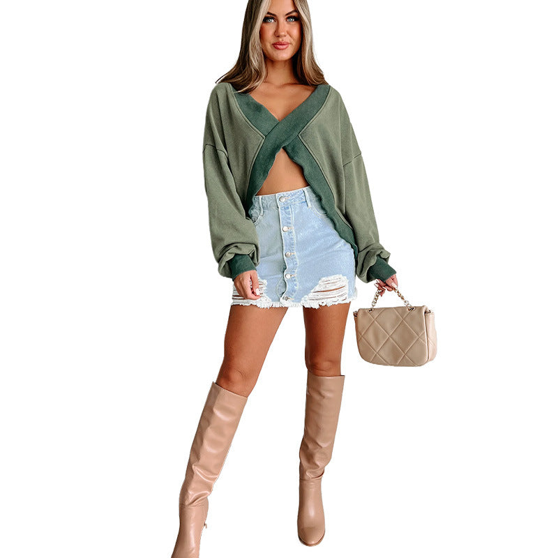 Women's V-Neck Long Sleeve Loose Casual Winter Sweater