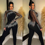 Women's Mesh Rhinestone Long-sleeved Jumpsuit