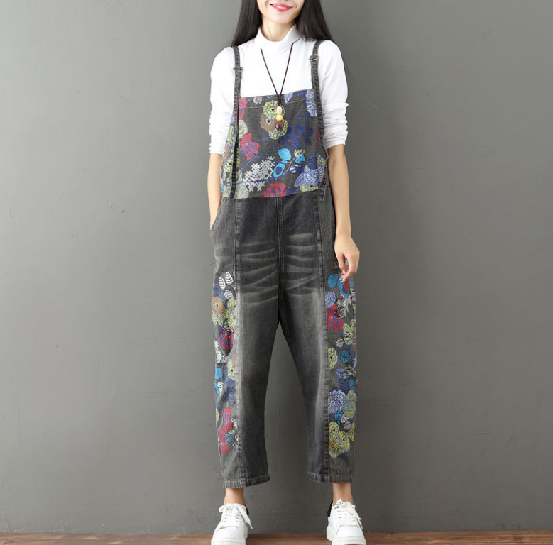 Plus Size Denim Overalls with Unique Print and Bib
