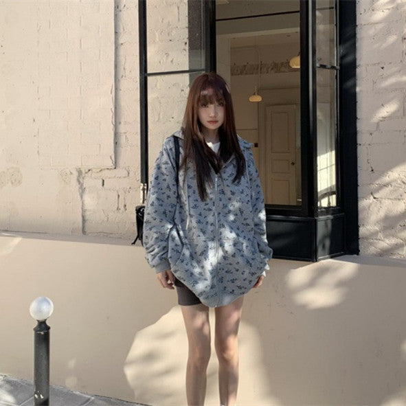 Retro Floral Fleece-Lined Hooded Sweater Coat