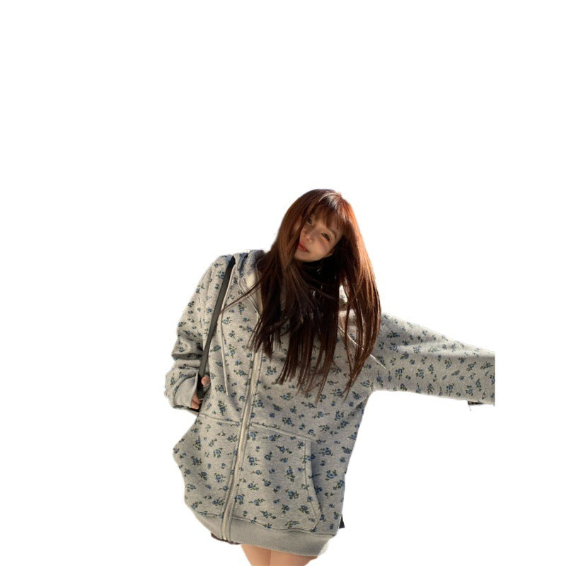 Retro Floral Fleece-Lined Hooded Sweater Coat