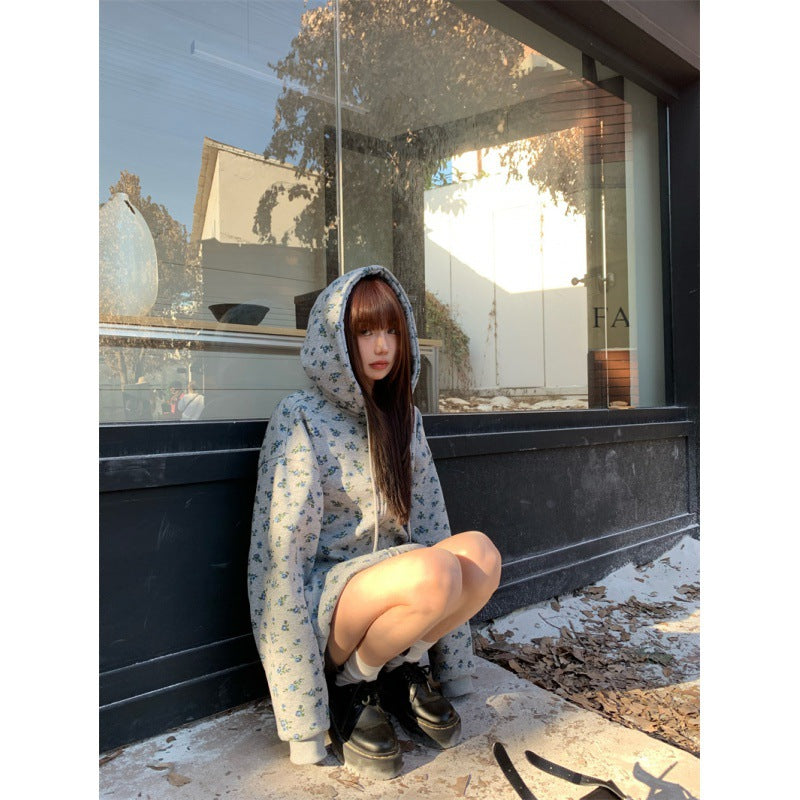 Retro Floral Fleece-Lined Hooded Sweater Coat