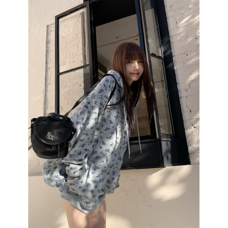 Retro Floral Fleece-Lined Hooded Sweater Coat