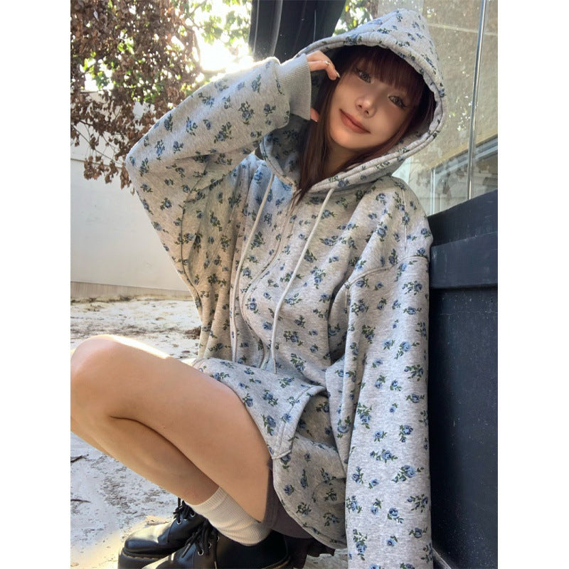 Retro Floral Fleece-Lined Hooded Sweater Coat