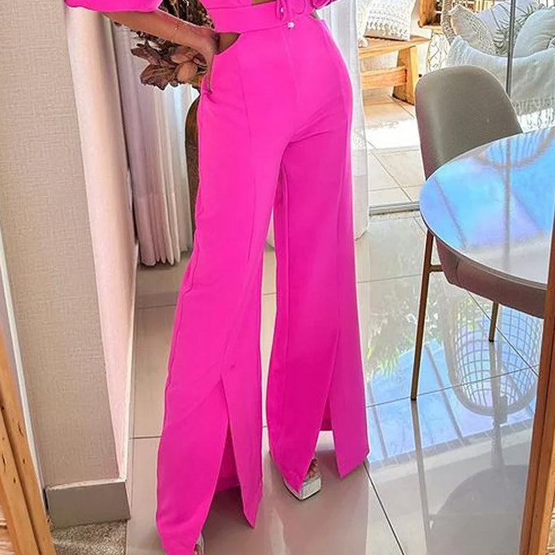 Summer Fashion V-neck Half Sleeves Midriff Outfit Loose Solid Color Jumpsuit